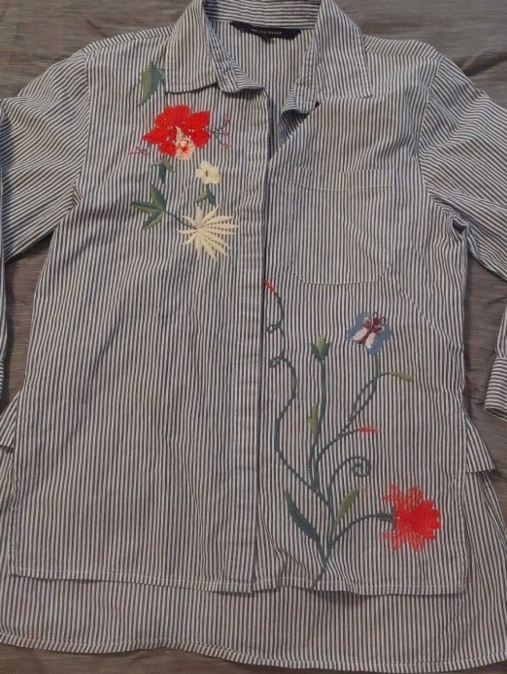 Walter Baker Blue and White Striped Button-Down Shirt with Red Floral Embroidery